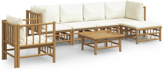 vidaXL 7-tlg Garten-Lounge-Set aus geöltem Bambus mit beigen Polyesterkissen in Braun - Bild 1