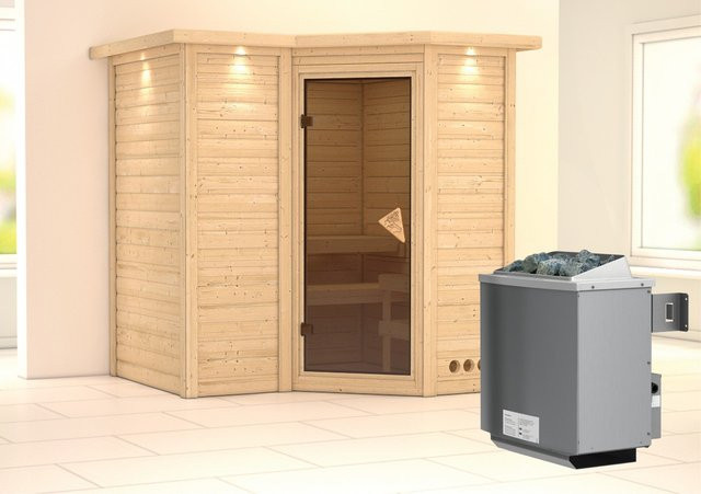 Karibu Massivholzsauna SAHIB 1 in Braun mit 9,0 kW Ofen, integrierter Steuerung, Dachkranz und Ganzglastür bronziert, B/T/H: 193 x 184 x 200 cm - Bild 1