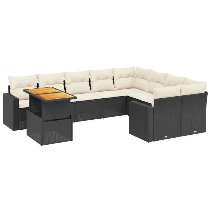 vidaXL 10-tlg. Garten-Sofagarnitur in L-Form aus Polyrattan und Akazienholz mit Kissen, Schwarz-Creme - Bild 2