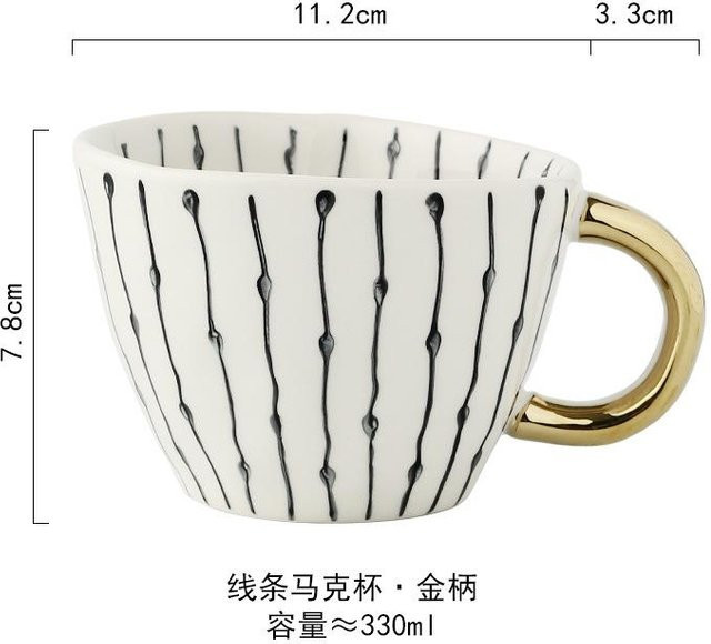 Handbemalter Keramikbecher mit geometrischem Design und goldenem Griff, unregelmäßige Porzellantasse für Kaffee und Tee, Weiß-Gold, 330 ml - Bild 1