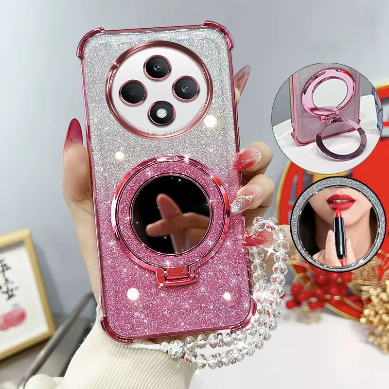 Glitzernde und stoßfeste Handyhülle mit Spiegelständer, Perlenband und Vier-Ecken-Schutz für Oppo Reno12 F, Reno 12F 4G und F27 5G in Schwarz und Pink - Bild 1