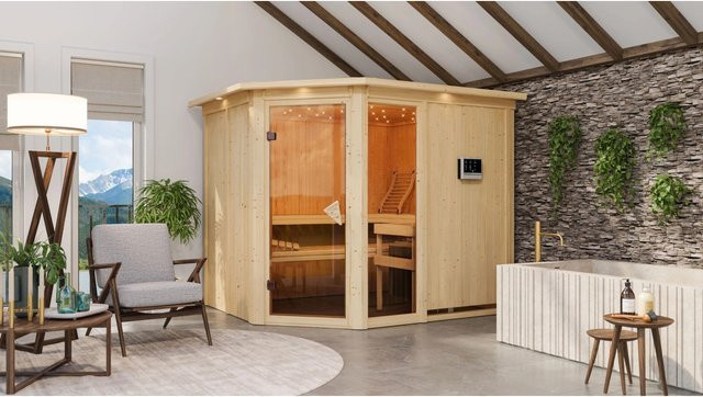 Karibu Sauna Freyja 3 in Natur mit Edelstahlofen, externem Steuergerät und Dachkran, Farbe: beige - Bild 2