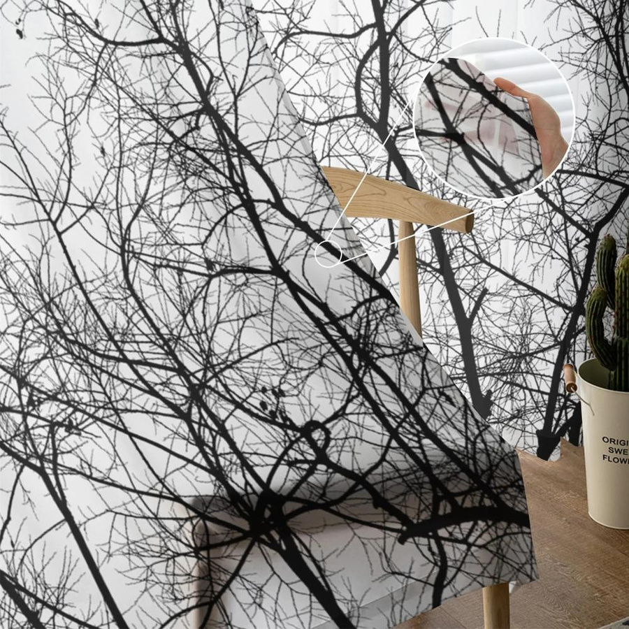 Yiran Furniture Transparentes Voile-Vorhang mit Schwarz-Weißem Zweig-Design, Tüll und Organza, B: 135 cm, H: 115 cm - Bild 2