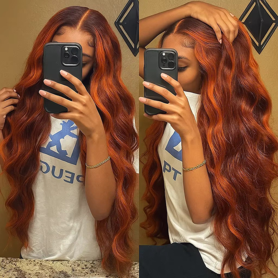 Duoxuan Lace Front Perücke, Echthaar, Ombre Body Wave, Ingwer-Orange-Braun - Bild 2