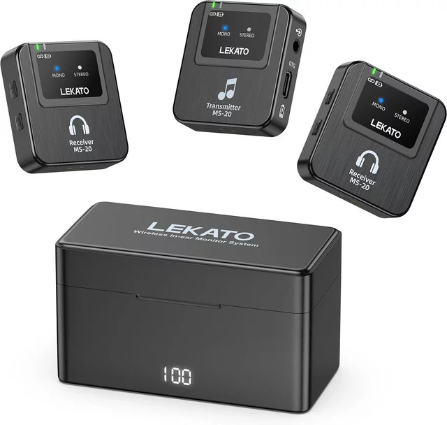 Lekato MS-20 Wireless In-Ear Monitoring System in Schwarz mit 30 Stunden Akkulaufzeit und 1 Tx zu 2 Rx Set für kristallklare Live-Überwachung - Bild 1