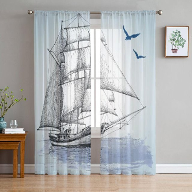 Super Six Transparentes Tüll-Voile-Organza Vorhang mit Boot-Grafik in Weiß, Breite: 135 cm, Höhe: 160 cm - Bild 1