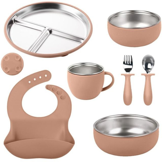 7-teiliges Kindergeschirr-Set von DHDH aus Edelstahl und Silikon in Braun mit Saugfüßen und ergonomischem Besteck für Babys - Bild 1