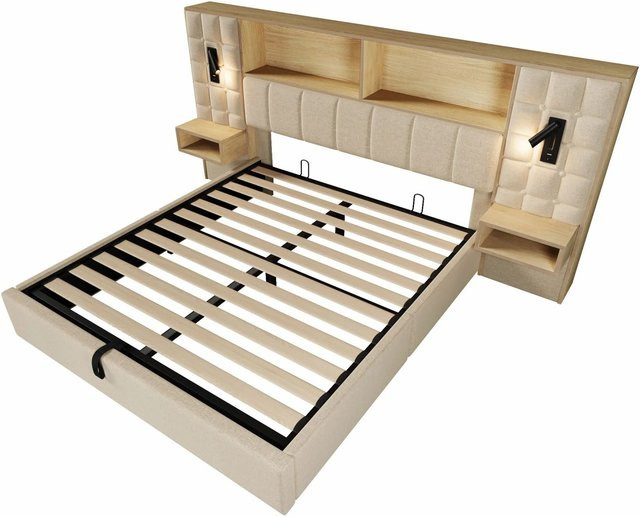 Merax Polsterbett mit LED-Leselampen und USB-Anschluss in Beige, B/T/H: 160 x 200 x 66,9 cm - Bild 1