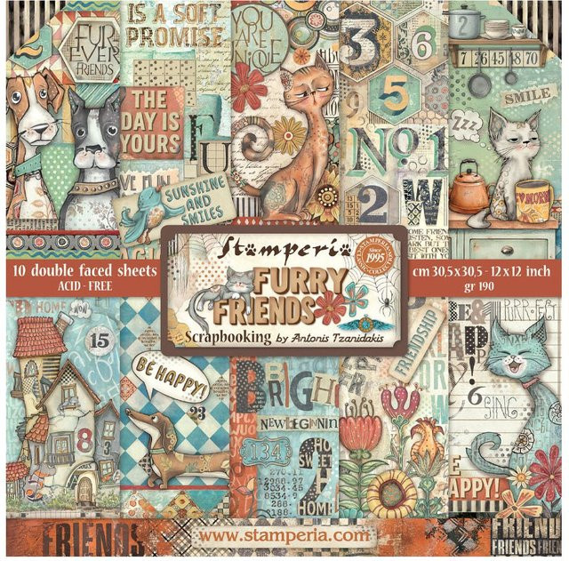 Stamperia Scrapbook-Block Furry Friends in Multicolor mit Pastelltönen, B/H: 30,5 x 30,5 cm - Bild 1
