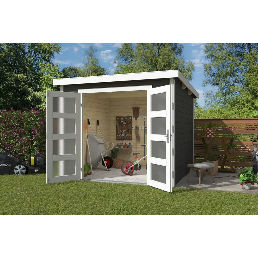 Lasita Holz-Gartenhaus Zambezi Blockbohlenhaus mit Flachdach in Grau-Grün, B/H/T: 270 x 211 x 324,8 cm - Bild 3