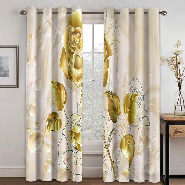 2er-Set Vorhänge mit goldenem Blumen-Kristall-Muster in Weiß, halbtransparent, Polyester, B: 85 cm, H: 200 cm - Bild 1