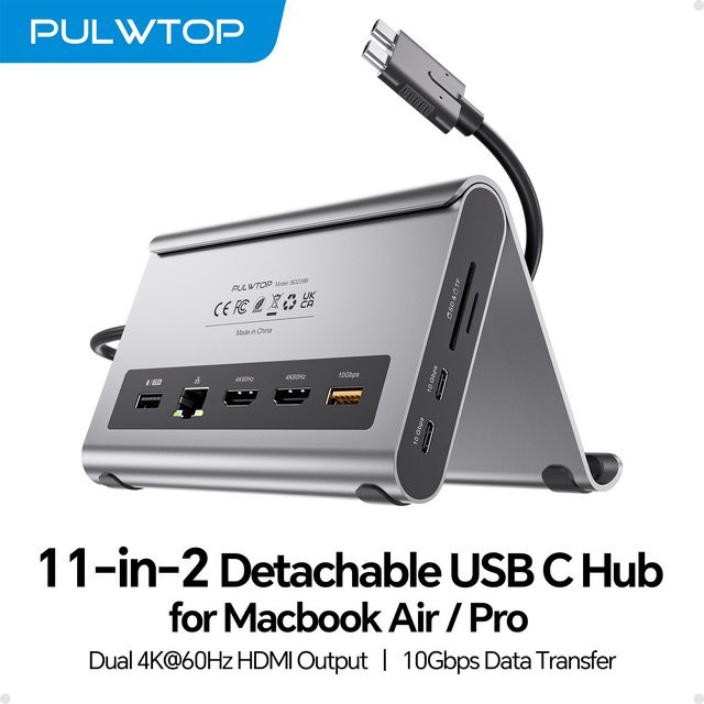 PULWTOP USB-C Dockingstation Ständer mit 2 HDMI, PD, Ethernet, USB-A/C 10Gbps, Audio und SD/TF Slots - Bild 1