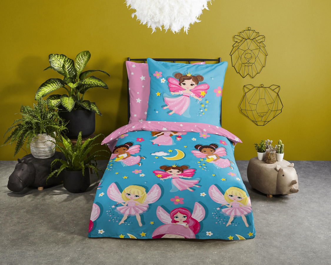 Good Morning Kinder Bettwäsche Fee Prinzessin Wende Design in Rosa und Blau aus Baumwolle, B/H: 135 x 200 cm, Kissen: 80 x 80 cm - Bild 1