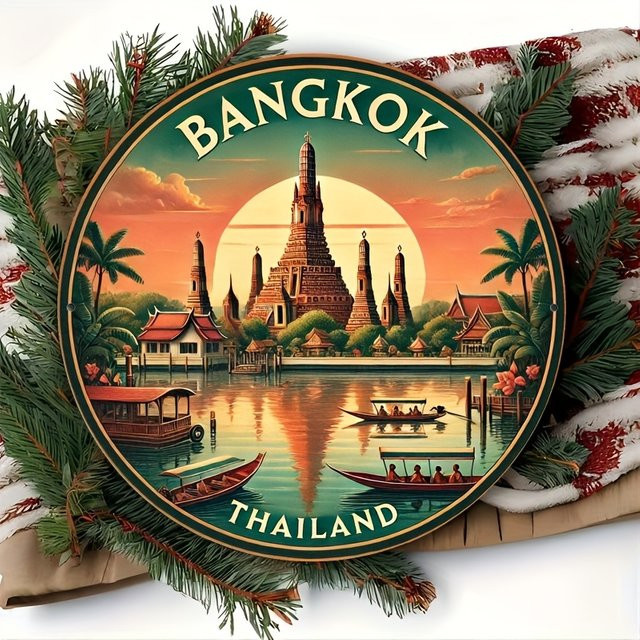 Potdemiel Vintage Bangkok Thailand Rundes Metall-Wandkunstschild aus Aluminium mit Wat Xieng Tanga Motiv, Durchmesser: 20,32 cm, Mehrfarbig - Bild 1