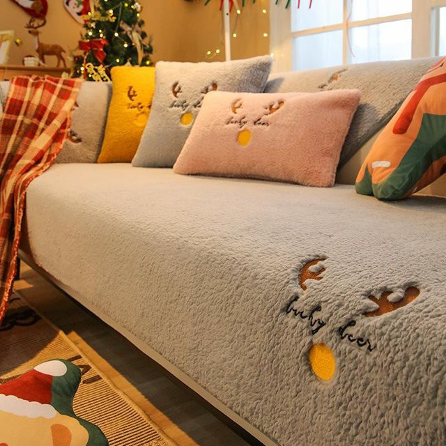 Verdickter Sofabezug aus Lammkaschmir in Grau, rutschfest und waschbar, Couchkissen mit Elch-Design, B/T/H: 70 x 70 x 70 cm - Bild 1