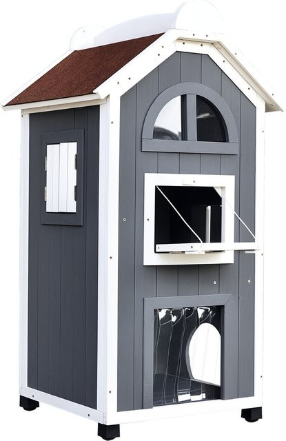 Aosom PawHut Katzenhaus aus Tannenholz als Katzenbett oder Katzentoilette, Grau, B/T/H: 59 x 55 x 109 cm - Bild 1