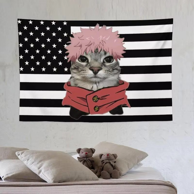VIKAMA Anime-Katzen Wandteppich mit amerikanischer Flagge in Schwarz-Weiß, dekoratives Hängetuch für Wohnzimmer und Schlafzimmer, Breite: 60 cm, Höhe: 40 cm - Bild 4