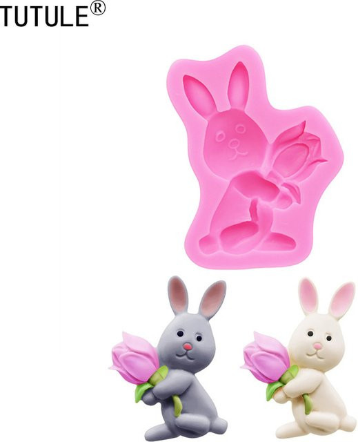 TUTULE Silikonform Osterhase mit Blumen und Karotten in Pink für Schokolade, Ton und Kuchen-Dekoration - Bild 1