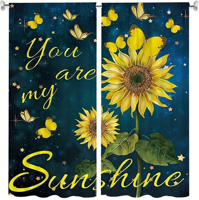 Yiran Furniture Vorhang mit Sonnenblumen-Print in Schwarz, 2er-Set mit Ösen, Breite: 50 cm, Höhe: 130 cm - Bild 1