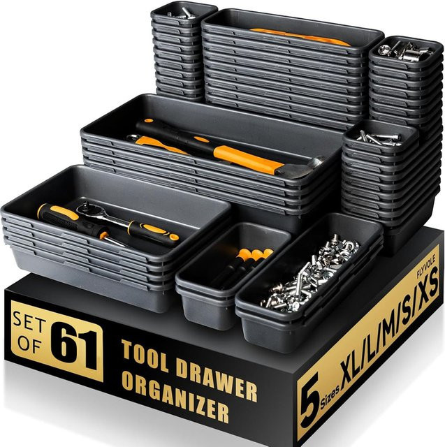 Schreibtisch-Schubladen-Organizer Set aus Kunststoff mit 5 verschiedenen Größen und ineinandergreifenden Trennwänden zur Aufbewahrung von Werkzeug und Kleinteilen - Bild 1