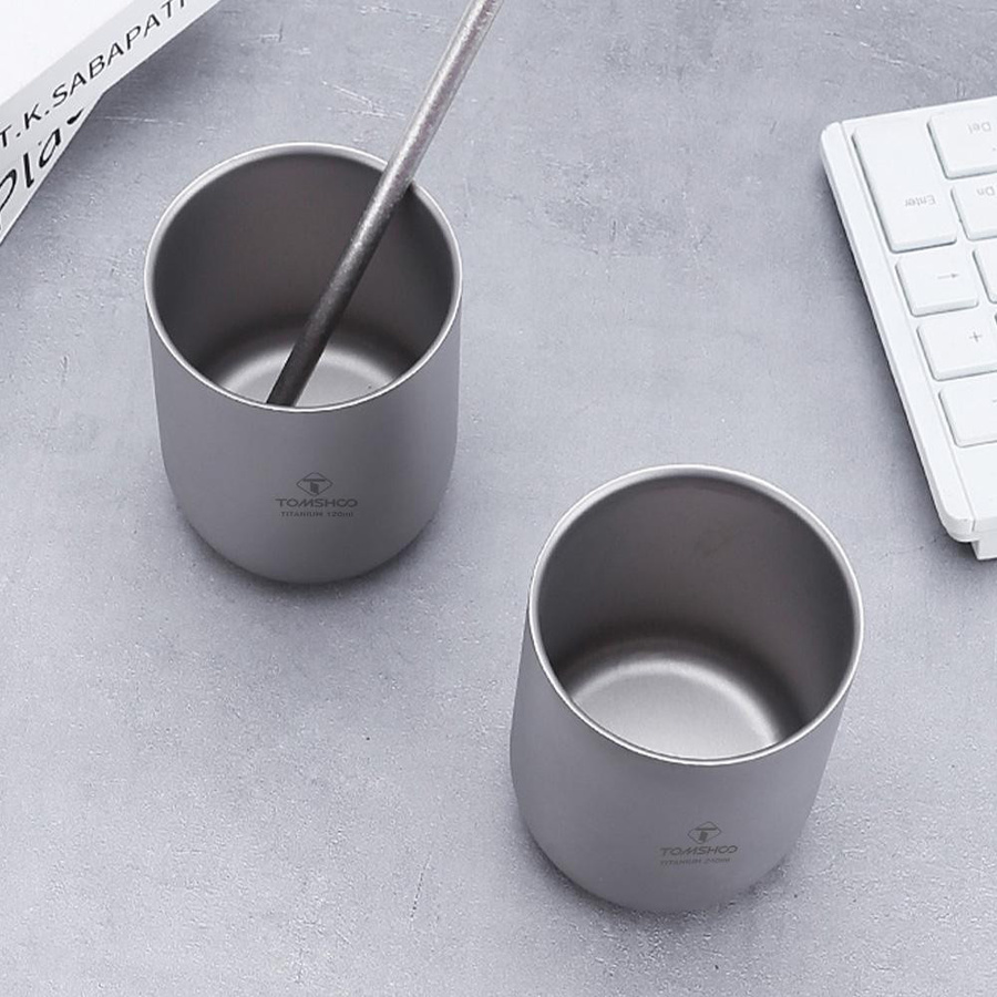 TOMSHOO Multifunktionaler Campingbecher aus Titan, doppelwandig, hitzebeständig, Farbe: Silber, 120 ml - Bild 4