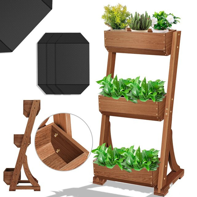 KESSER Blumentreppe Hochbeet aus Tannenholz in Braun als Pflanztreppe für Garten, Balkon und Terrasse inklusive Gartenvlies - Bild 1