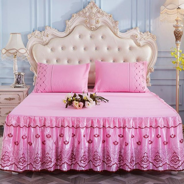 WTEMPO Bettwäsche-Set mit Spitzen-Bettrock und Kissenbezügen, Pink, B/H: 150 x 200 cm - Bild 1