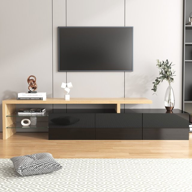 Moderner Fernsehschrank Aosom in Schwarz Hochglanz mit LED-Beleuchtung und Glasfächern - Bild 1