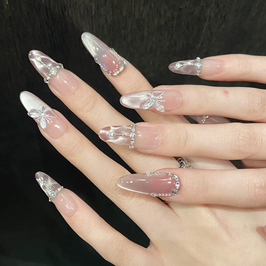 YADORNOS Kunstnägel, rosa Schmetterlings-Design, glitzernd, 10 Stück - Bild 4