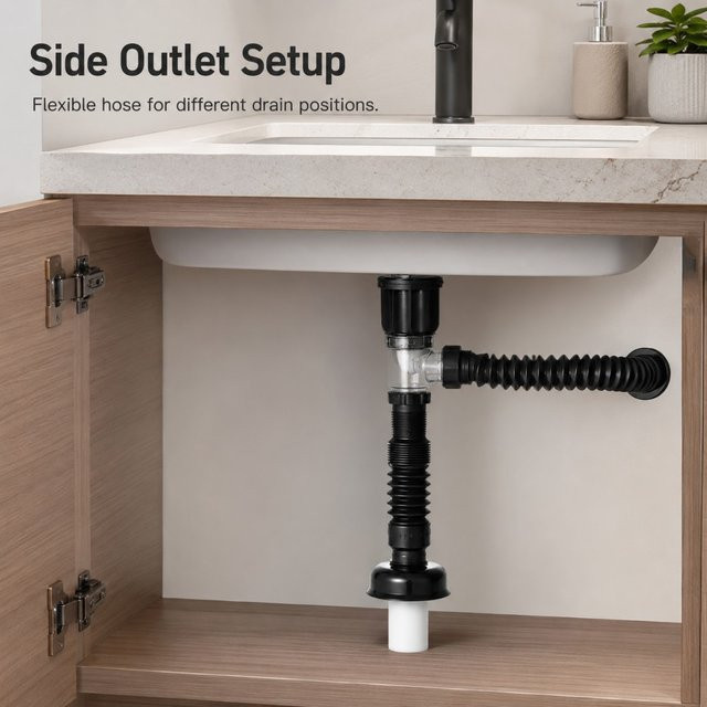 VILOYI Badezimmer Waschbecken Abflussset mit Pop-Up Abflussventil und flexiblem Schlauch in Schwarz aus ABS und Edelstahl - Bild 1