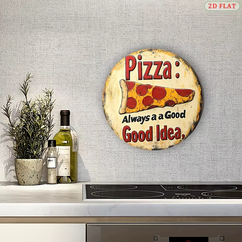 Potdemiel Pizza Metallwandkunstschild im Retro-Stil mit Typografie, rund, Mehrfarbig, Durchmesser: 20 cm - Bild 4