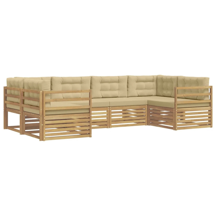 vidaXL Outdoor-Sofagarnitur 6-teilig in L-Form mit Kissen, Weiß und Beige, aus Akazienholz und UV-beständigem Polyester - Bild 2