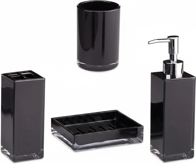 Relaxdays Badaccessoires Set aus Kunststoff in Schwarz glänzend, vierteilig mit Seifenspender, Seifenschale, Zahnbürstenhalter und Zahnputzbecher - Bild 1