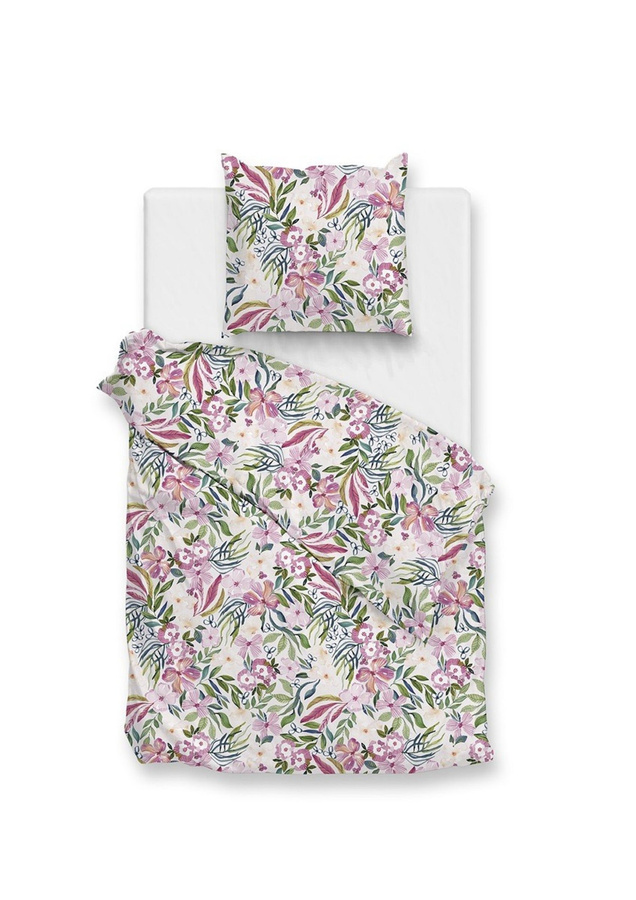 Zo! Home Mako-Satin Bettwäsche Set Evita Flowerpower in Pink Grün Weiß mit Bettbezug 155 x 220 cm und Kissenbezug 80 x 80 cm - Bild 1