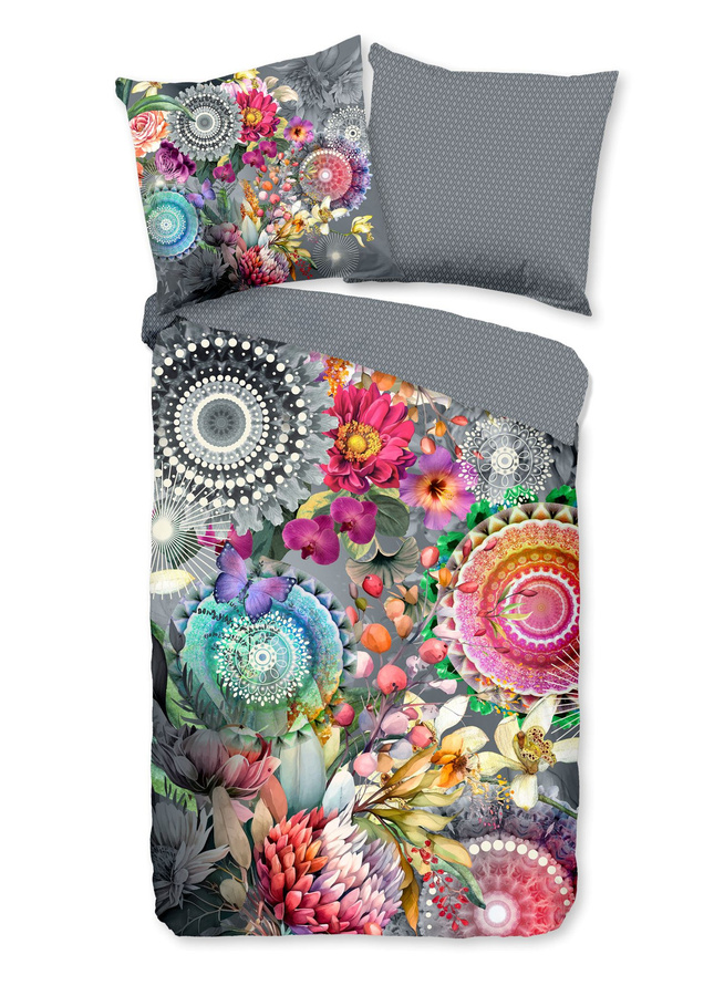 HIP Mako-Satin Bettwäsche Olinga Mandala Blumen in Grau und Bunt, Set bestehend aus Bettbezug und Kissenbezug, B/H: 155 x 220 cm und 80 x 80 cm - Bild 1