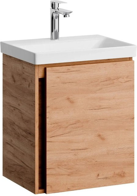Planetmöbel Waschtischunterschrank Gold Eiche mit Keramikwaschbecken und Chromarmatur, Wandmontage mit Soft-Close-Funktion - Bild 1