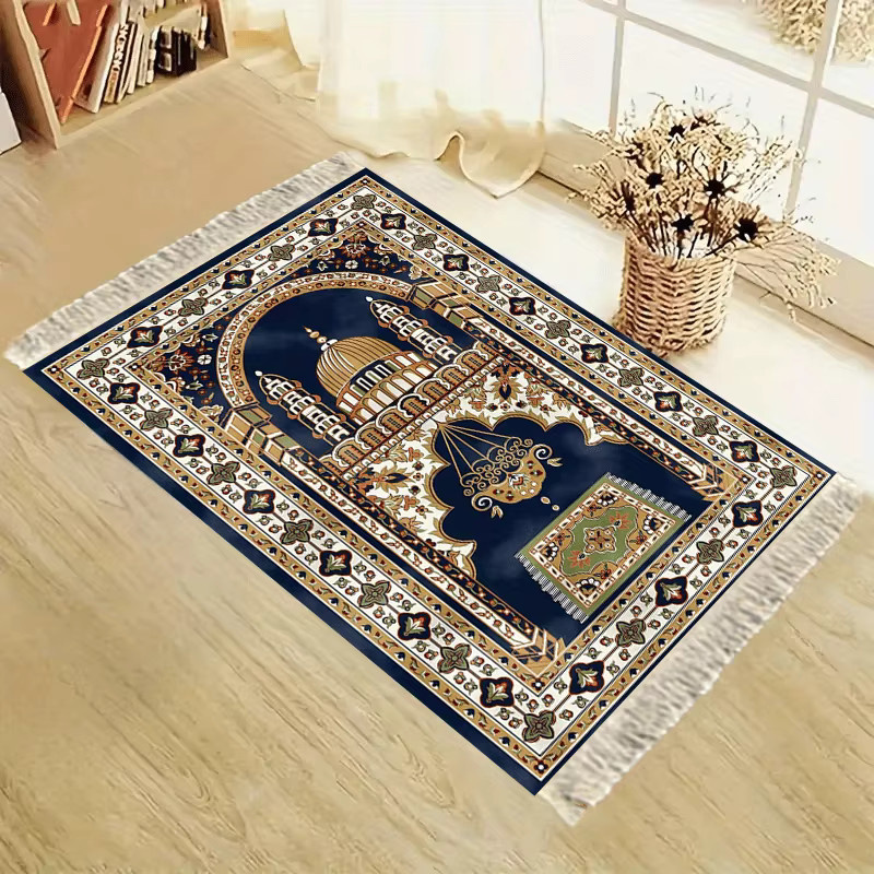 VIKAMA Muslimische Gebetsmatte mit blau-goldener Kuppel-Moschee, waschbar für Zuhause und Reisen - Bild 2