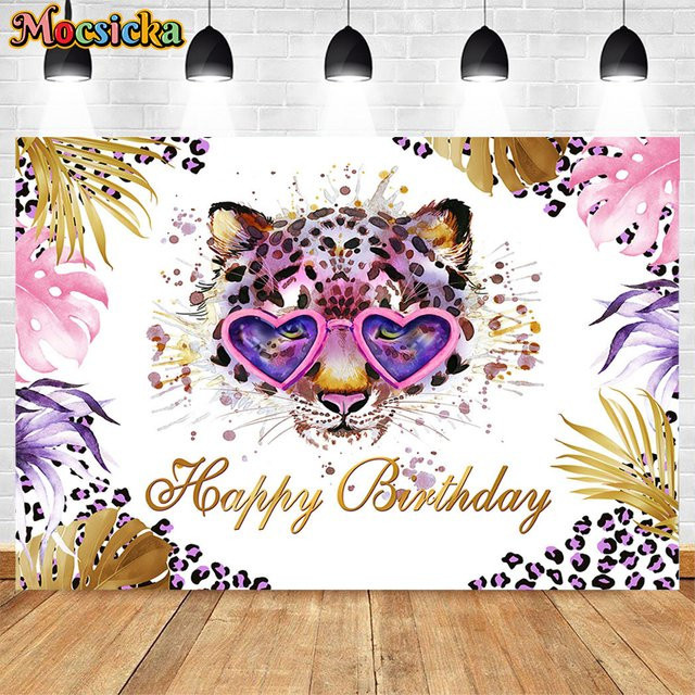 Mocsicka Fotohintergrund Alles Gute zum Geburtstag in Lila mit Leopard-Print für Party und Studiofotografie - Bild 1