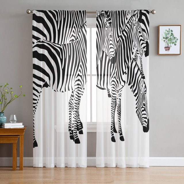 Zebra Muster Tüllvorhang von A Family Of Home Textiles in Schwarz und Weiß, transparentes Chiffon-Voile für Wohnzimmer und Küche, Breite: 135 cm, Höhe: 137 cm - Bild 1