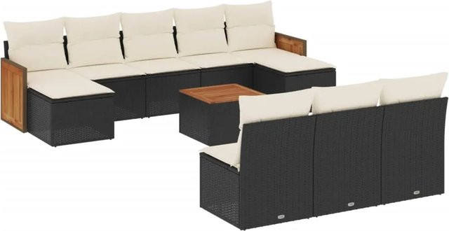 vidaXL 11-teilige Garten-Sofagarnitur aus Poly-Rattan und Akazienholz in Schwarz-Creme mit Kissen - Bild 1