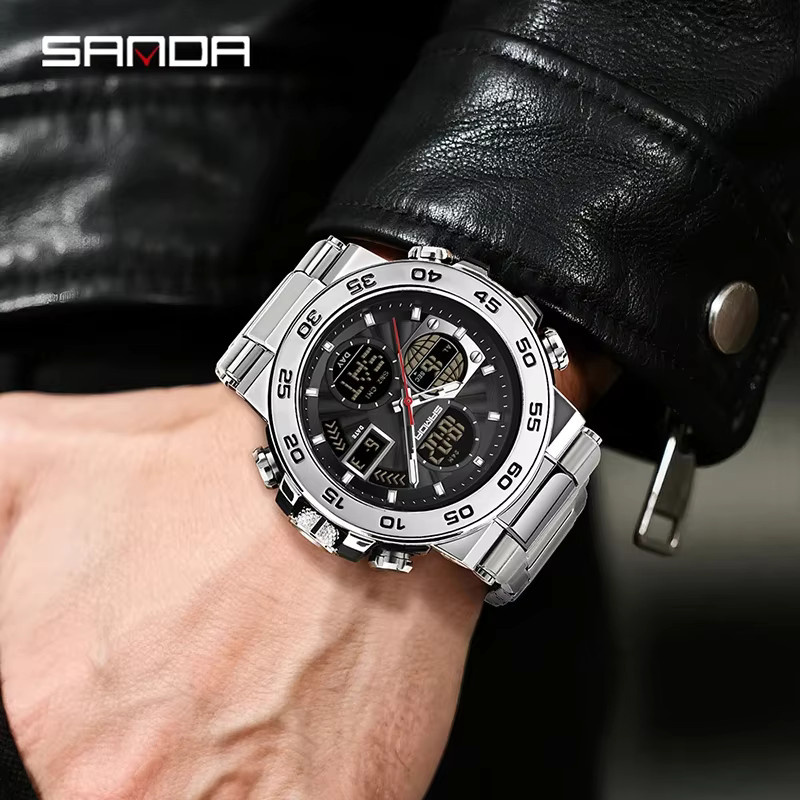 SANDA Armbanduhr Edelstahl, Quarz, Analog-Digital, 5 ATM, Herren, Schwarz - Bild 3