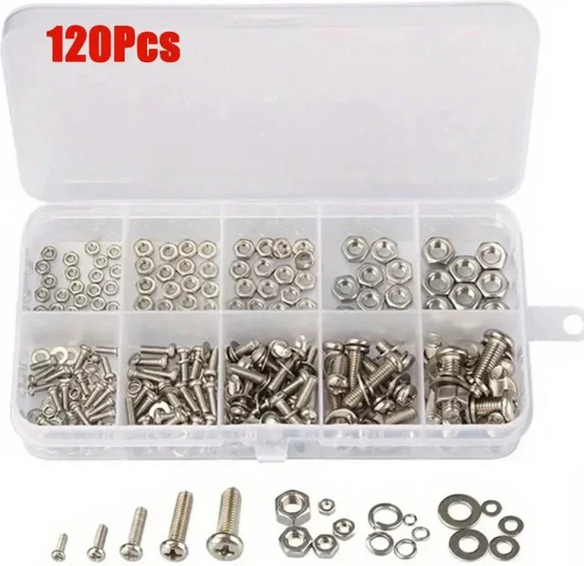 120-teiliges Edelstahl-Set mit Kreuzschlitz-Rundkopfschrauben, Snap-In-Muttern und Bolzen in Silber für DIY-Reparaturen (M2, M2,5, M3, M4, M5) - Bild 1