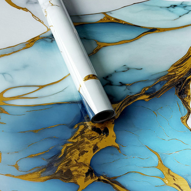 TTOKKONG WALLPAPER Wasserfeste Vinyl-Kontaktpapier Tapete in Blau mit abstraktem Marmor-Design, B/H: 40 x 200 cm - Bild 1