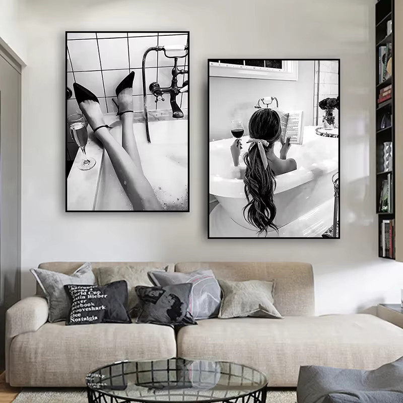 Potdemiel Vintage Wandkunst Leinwand Poster Schwarz-Weiß mit Motiv einer Frau in der Badewanne für deine Badezimmer Dekoration - Bild 3