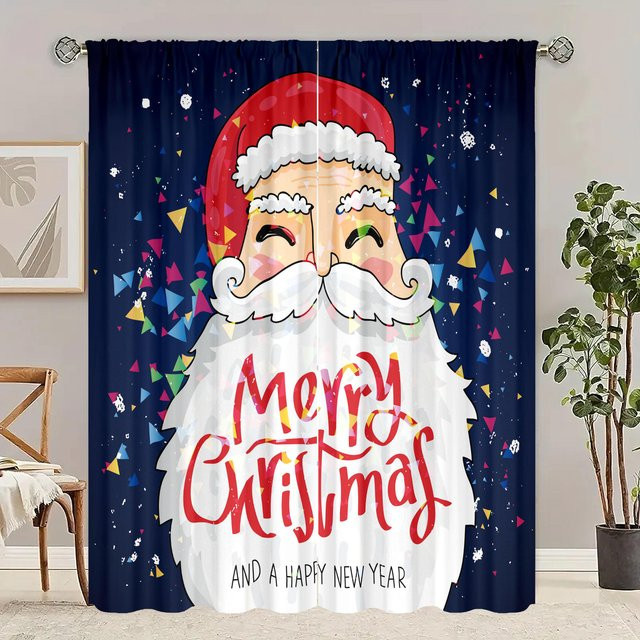 2er-Set Weihnachts Vorhang mit Weihnachtsmann-Print aus Polyester, Weiß und Mehrfarbig, Breite: 76,2 cm, Höhe: 165,1 cm - Bild 1