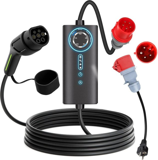 Junsun EV Ladegerät 11kW mit 6m Type 2 Kabel und Adapter, Schwarz, 3-phasig 6-16A - Bild 1