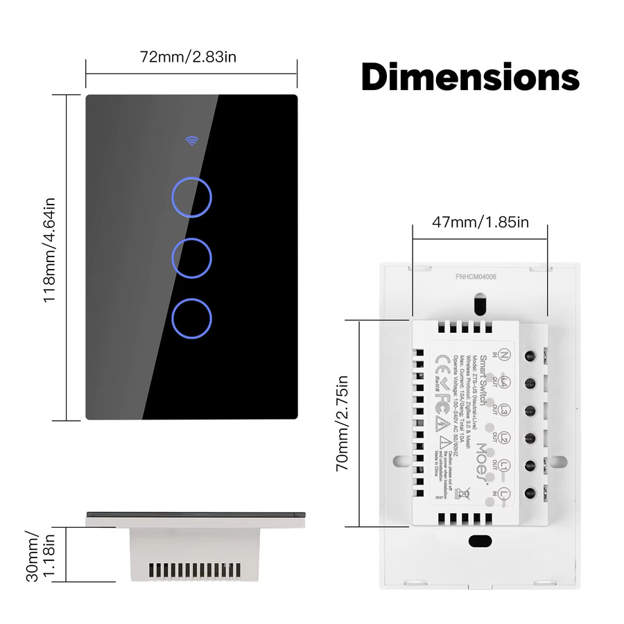 MOES Tuya ZigBee Lichtschalter mit Glas Panel, Touch-Bedienung, feuerfest, benötigt Neutralleiter, kompatibel mit Alexa und Google Home, in Schwarz oder Weiß - Bild 3