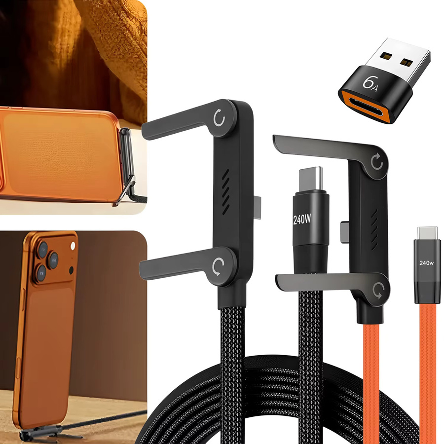 BESY 2-in-1 USB-C zu USB-C Schnellladekabel mit 240W und faltbarem Telefonständer, Schwarz - Bild 4