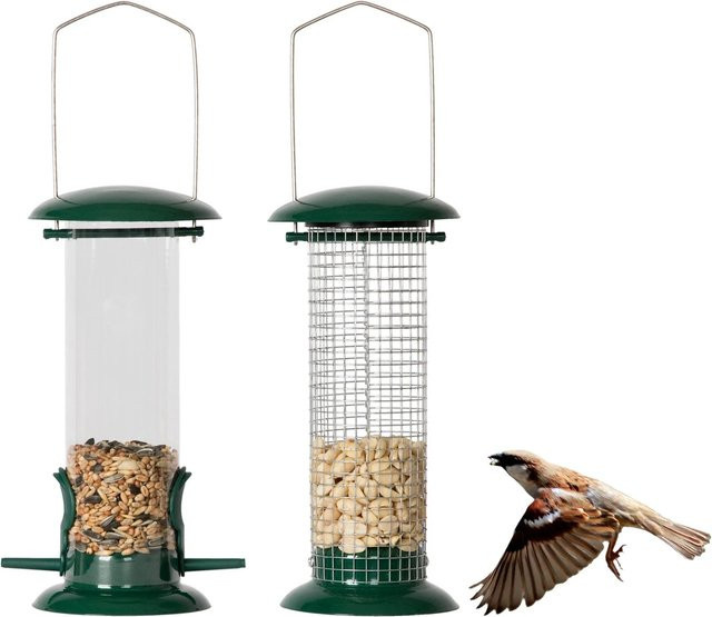needs&wants Feedy 2er Set Vogelfutterspender aus Edelstahl und Kunststoff in Grün und Transparent zum Aufhängen - Bild 1
