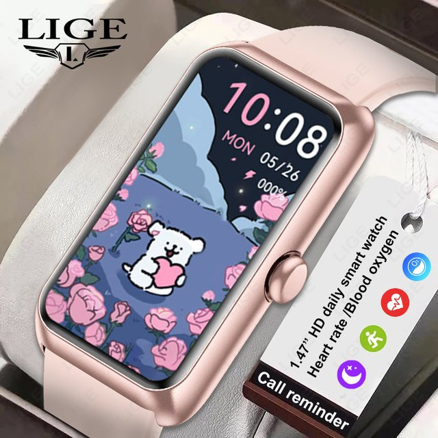 LIGE Fitness-Tracker Smartwatch für Damen und Herren mit Herzfrequenzmesser und 1,47 Zoll Display, Schritt- und Kalorienzähler für Android und iOS, Beige und Pink - Bild 1